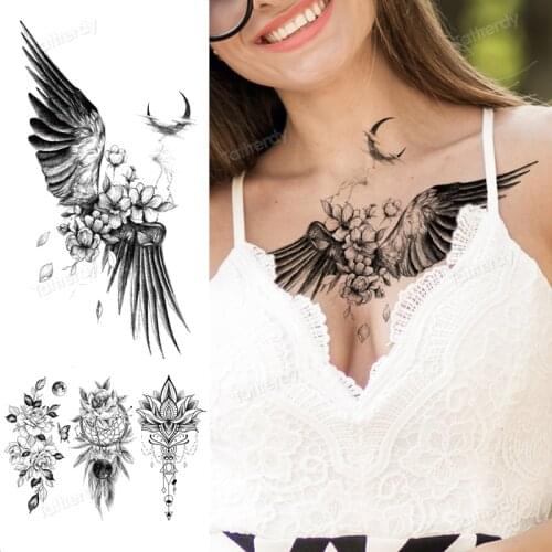 Tattoo wings angel moon flowers sexy temporary tattoo for women girls breast tattoos mandala black henna fake tatoo underboob