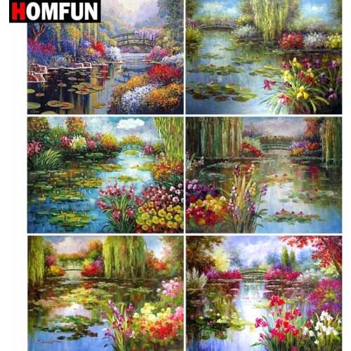 HOMFUN Full Square/Round Drill 5D DIY Diamond Painting "Bridge lotus landscape" Embroidery Cross Stitch 5D Home Decor Gift