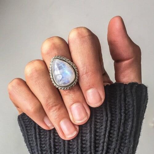 Silver color big Water Drop Shaped Moonstone Ring European and American Fashion Punk Style Thai Silver Rings Jewelry for Women