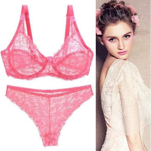Large size Bra Set Sexy Underwear set Female Bra Lace Breathable Ultra-Thin Transparent Bige Breast Lingerie Set Free Shpping