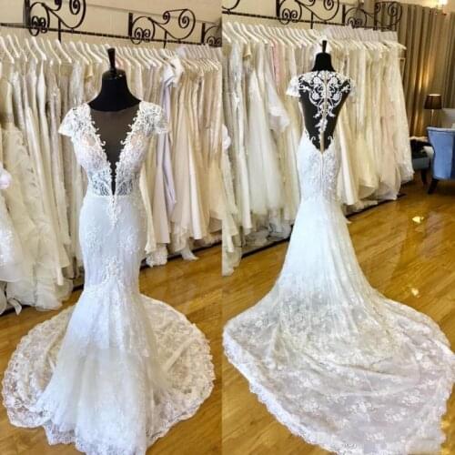 Custom Made Lace Mermaid Wedding Dresses Real Picture 2019 Plunging V Neck See Through Backless Bridal Gowns with Court Train