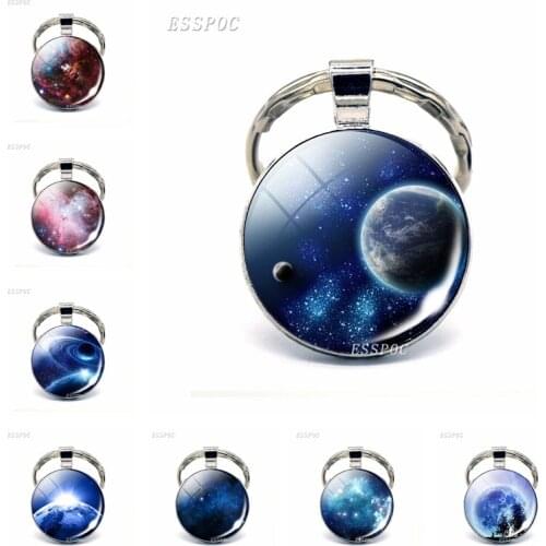 Fashion Planet Universe Pendant Solar System Keychain Silver-plate Key Holder Glass Cabochon Jewelry Nebula Creative Gifts
