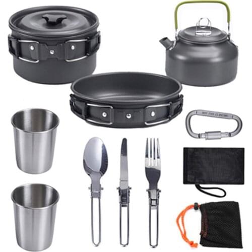 Aluminium Alloy Outdoor Camping Cookware Kit Hiking Picnic Durable Cooking Fry Pan Kettle Knife Fork Spoon Cup Tableware Equipme
