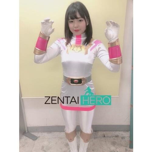 New Arrival Sexy Lady Super Hero Zentai Bodysuit White Pink Spandex Sexy Woman Gigalady Ranger Catsuit No Mask