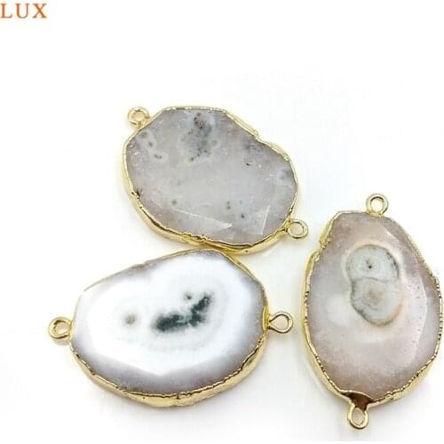 Natural Agate Connector White Gems-Stone Pendant Gold-Electroplated Charm For Necklace Bracelects Jewelry Making DIY accessories