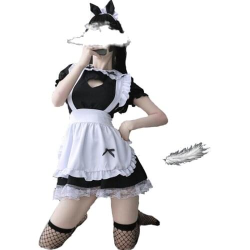 Plus size Women Set Hallow Out Sexy Maid Dress Adult Mini Apron Skirts Club Waitress Lolita Cosplay Costumes Headwear S-5XL
