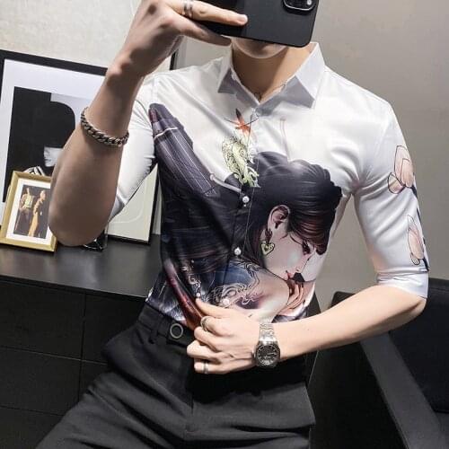 Black/White Beauty Girl Print Shirts Men Clothing Simple All Match Half Sleeve Slim Fit Casual Camisa Masculina Streetwear 3XL-M