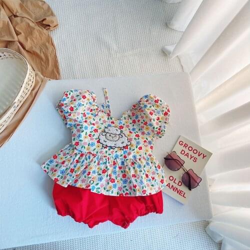 Cartoon Girls Summer Sets New Childrens Suit Korean Floral Bubble Sleeve Top+shorts Set Two Piece 2-6 Years