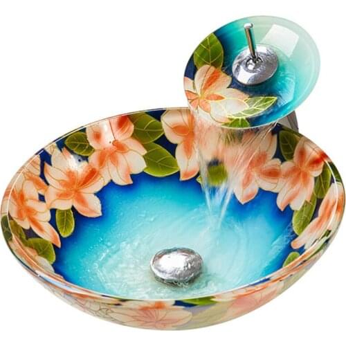 Sanitary ware new Chinese style art glass wash basin tempered glass balcony hand-painted color wash basin basin wash