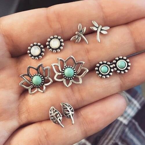 New Retro Cool Ear Stud with Vintage Lotus Dragonfly Leaves Sun Crystal Earrings 5 Pairs Set for Women Wholesale