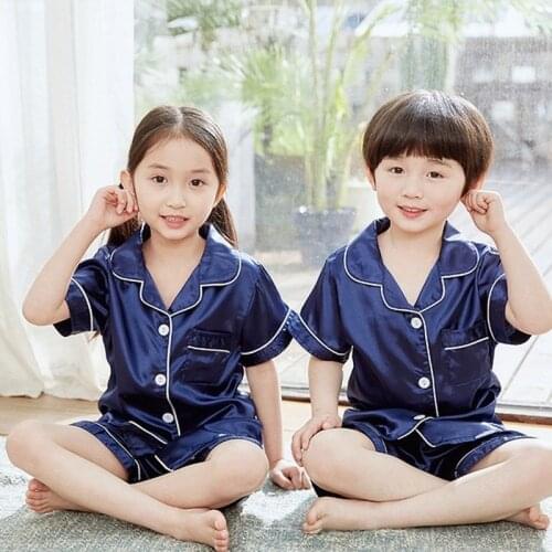 Boys Silk Pajamas Set 2020Summer Short Sleeve Childrens Clothing Girl Sleepwear Sets Satin Pajamas Suit Kids Soild Pyjamas Sets