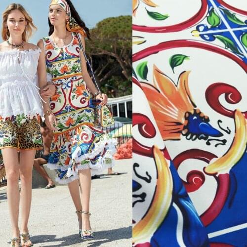 Digital Printed Fabric Hand-painted Circle Flower Series Cloth for Dresses Shirts Fabrics by the Meter for Sewing Material