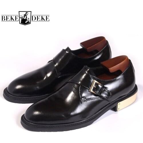 Designer Genuine Leather Dress Shoes Men Top Solid Black Metal Heel Buckle Strap Office Business Shoes Quality Wedding Shoes