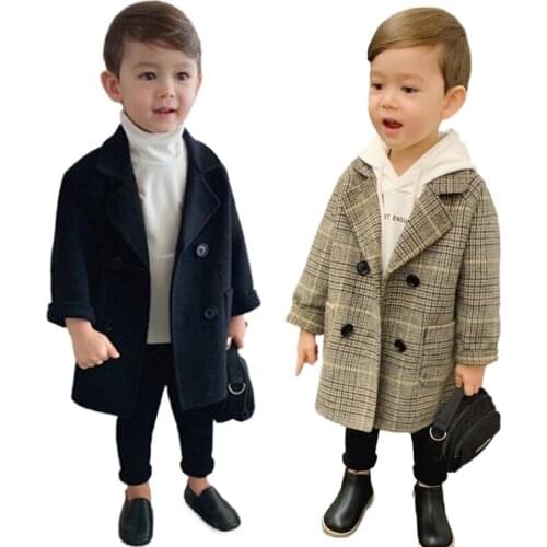 Spring Plaid Wool Jackets Boys Girls Woolen Double-breasted Baby Boy Trench Coat Lapel Kids Children Outerwear Coats Overcoat