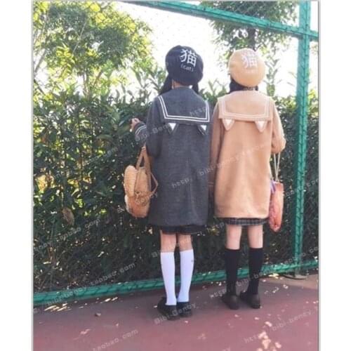 Japanese Cute Girls JK Horn Button Wool Blend Coat Cat Ears Sailor Collar Outwear Winter Thick Warm Grey & Khaki