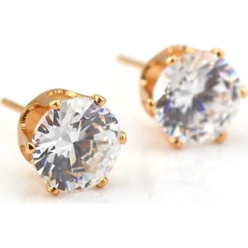 Yellow Gold Color Six Claw Soltaire Big Round Cut Zircon Crystal Stud Earrings for Women Girls Mens Anti-Allergic Jewelry Aros