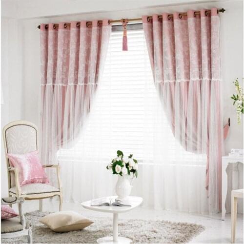 Simple Modern Lace Finished Blackout Curtain Princess Wind Floral Curtains for Living Dining Room Bedroom Double Floating