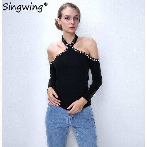 Singwing Beads Cotton Turtleneck Strapless Women T-shirts Long sleeved Stitching Female Top Slim Type Off the shoulder Shirts