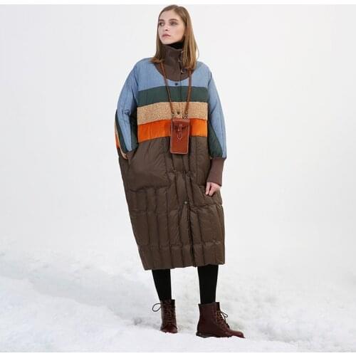 2020 winter coat turtleneck batwing sleeve multi colored patchwork oversized long white duck down jacket women