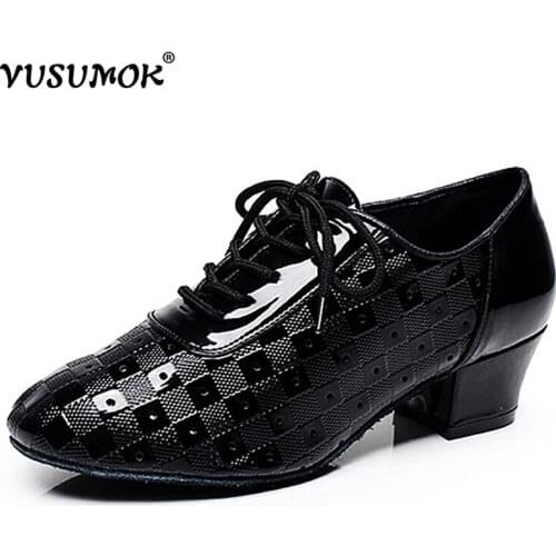 VUSUMOK Women Dance Shoes PU Leather Modern Latin Tango Salsa Ballroom Dancewear Ladies Party Square Heels Plugs size
