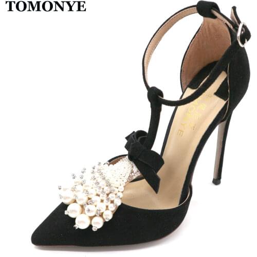 2020 new hot sale black suede pointed toe pearl T strap open in the middle women lady elegant 12cm high heel shoes pump