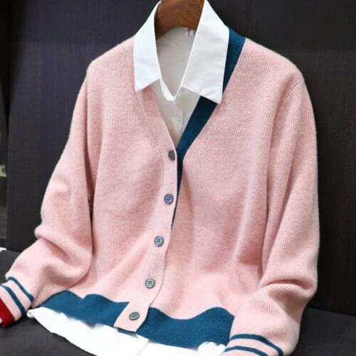 2021 Spring Autumn New Cashmere Cardigan Womens V-Neck Plus Size Sweater Coat Wild Fashion Color Matching Pure Wool Knitted Top