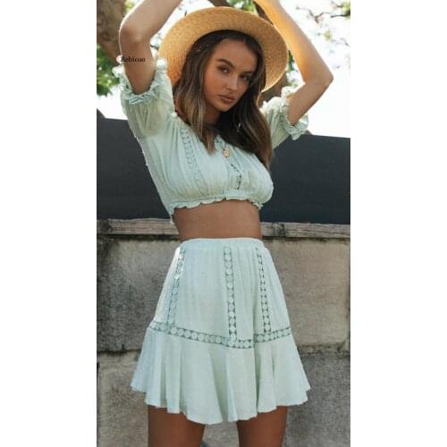 Summer Two Piece Sets Women Bohemian Casual Beach Skirts 2Pcs Sets Lace Off Shoulder Crop Tops and Short Pleated Skirt