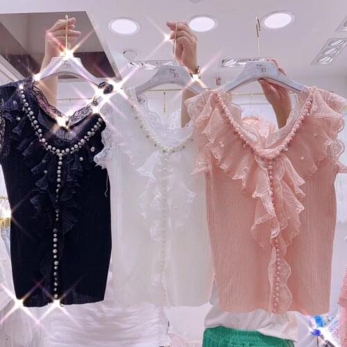 Knitted Tank Top for Women 2020 Summer New Heavy Beaded Lotus Leaf Lace Ice Silk Knitted Beauty Cropped Top Female Slim Tops