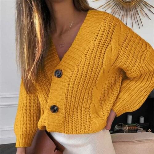 Fall Winter Women Knitted Cardigans Sweater Fashion Autumn Long Sleeve Loose Coat Casual Button Thick V Neck Solid Female Tops