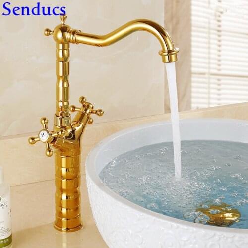 Senducs Dual Handle Gold Bathroom Basin Fauce Single Hole Gold Bathroom Mixer Tap with Quality Brass Golden Basin Sink Faucet