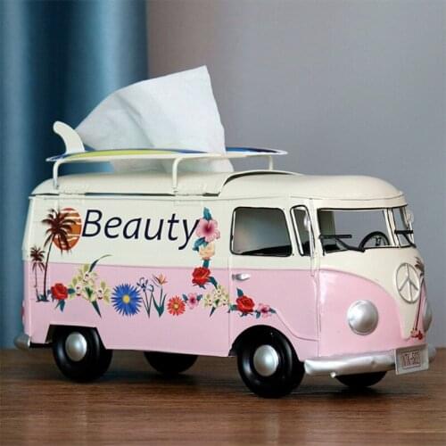 27RE Retro Car Tissue Box Flower Bus Model Figurines Napkin Paper Organizer Holder