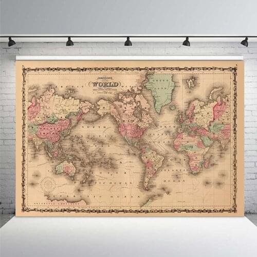 7x5FT Mercators Projection Antique Johnsons World Map 1862 Custom Photo Backdrop Photo Background Banner Vinyl 220cm X 150cm