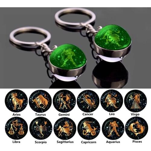 Luminous 12 Constellations Key Chains Glass Ball Pendant Glowing Zodiac Sign Keychain Glow In The Dark Keyring Birthday Gfits