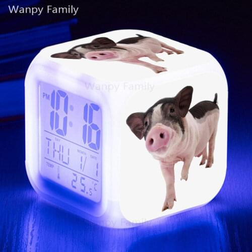 Very cute Pig Alarm Clocks 7 Color Glowing LED Digital Alarm Clock For Kids Birthday Gift Multifunctio Electronic watch alarm