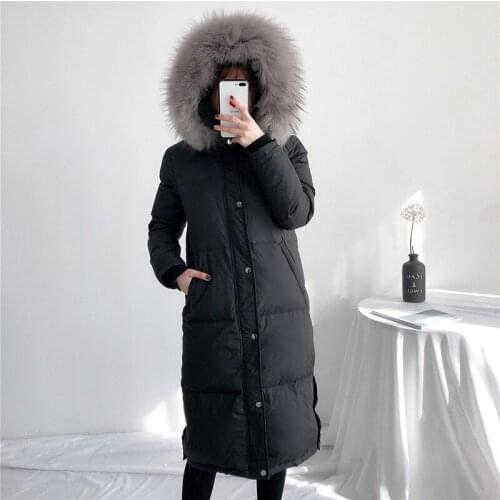 Long Parka Down Jacket Women Winter Coat Thick Warm Korean Loose Big Fur Collar Hooded Slim Long Duck Down Coat Female NS1557