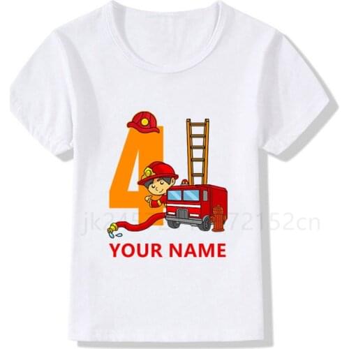 Boys/Girls Cool Name Fire Truck Birthday Numbers T-Shirt Children Boys Happy Birthday T Shirt White T-Shirt Baby