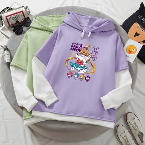 Kawaii Streetwear Spring Harajuku Japanese Beauty Cat Warrior Print Hoodie Color Block Sweatshirt Aesthetic Long Sleeve Pullover