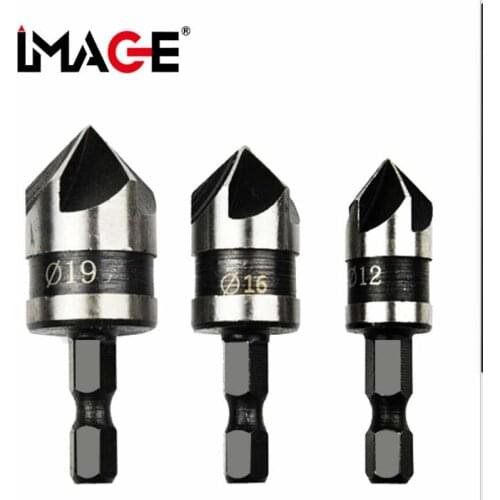 Three piece carbon steel 90 degree chamfering cutter 12mm 19mm chamfering cutter spot facer woodworking hole drill five edge cha