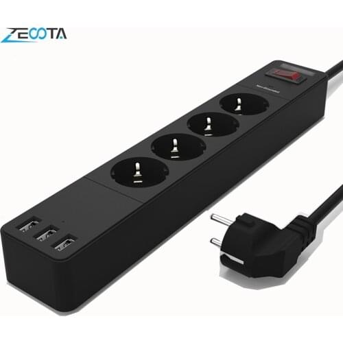 Power Strip 4 EU Plug Outlets Electric Socket with USB Fast Charging Ports 1.8m Extension Cord Home Office Smartphones Tablets