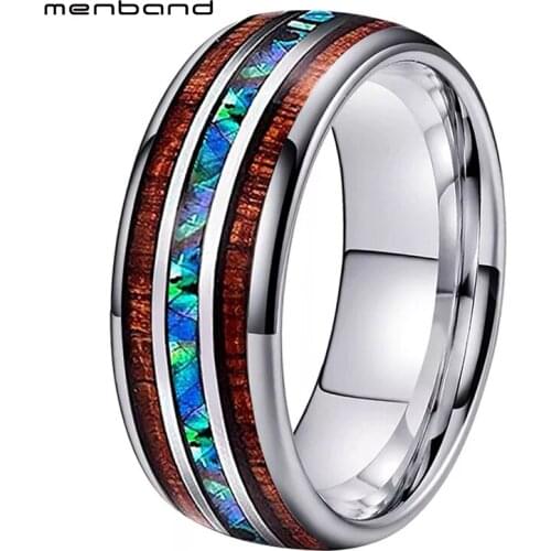 Men Women Wedding Bands Tungsten Engagement Ring With Abalone Shell and Koa Wood Inlay Domed Polished 8MM Comfort Fit