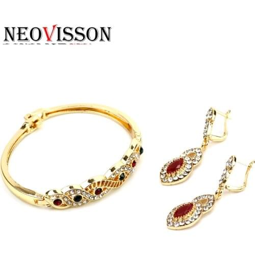 Neovisson Gold Color Drop Earring Cuff Bracelet Bangle Sets Africa Bride Wedding Jewelry Algerian Ethnic Banquet Gift
