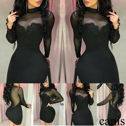 New trendy solid lace sexy see-through High collar long sleeve Women Milk silk Evening Party Ball Prom Gown Formal Short Dress
