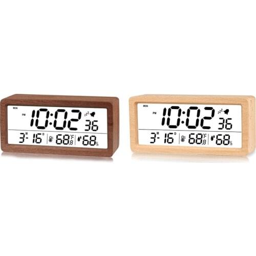 New Digital Alarm Clock, Electronic LCD Time Display Wooden Desk Clock, Humidity & Temperature Electric Clocks for Bedroom