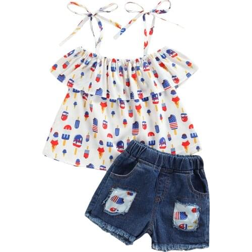 OPPERIAYA Infant Ruffle T-shirt Hole Denim Shorts Ice Cream Print Independence Day Decoration Elastic Waist Summer Clothing