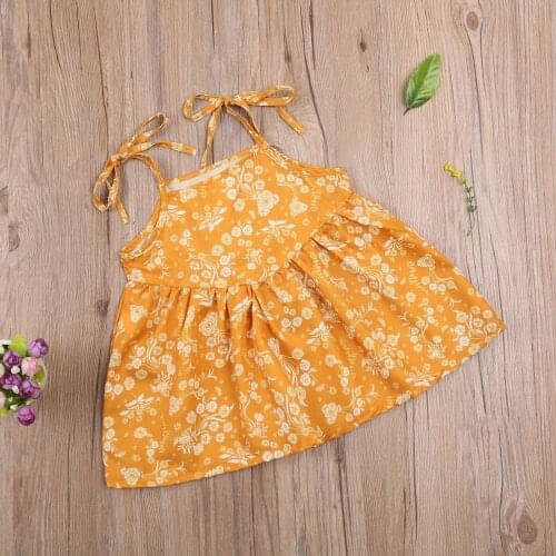 Pudcoco Toddler Baby Girls Casual Sleeveless Dress, Yellow Floral Printed Pattern Boat Neck Off-the-shoulder