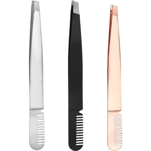 Professional Eyebrow Tweezer with Eyebrow Brush Comb Stainless Steel Eyelashes Extension Tweezers Double Eyelids Pinzette Clip