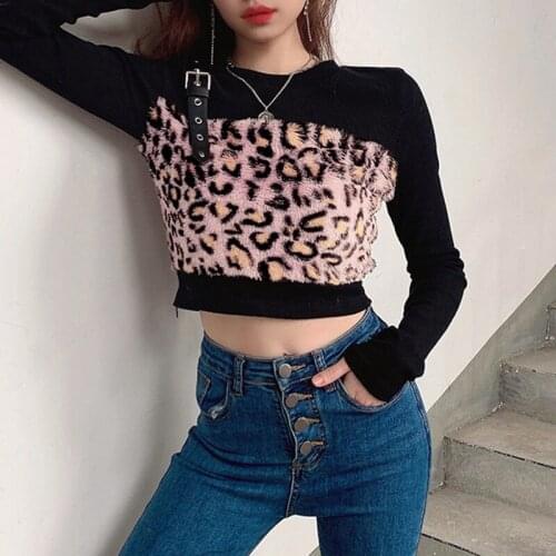 Leopard Print Fur Stitching Round Neck Long-sleeve Pullover T-shirt Female Hot Girl Short Umbilical Bottoming Top Fall 2021 New