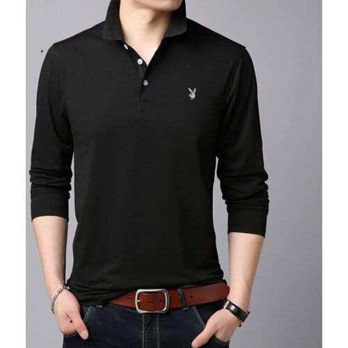 2019 fashion men Long sleeve Polo shirt Pure color leisure high-grade male Pure cotton comfortable Slim fit Polo shirt black