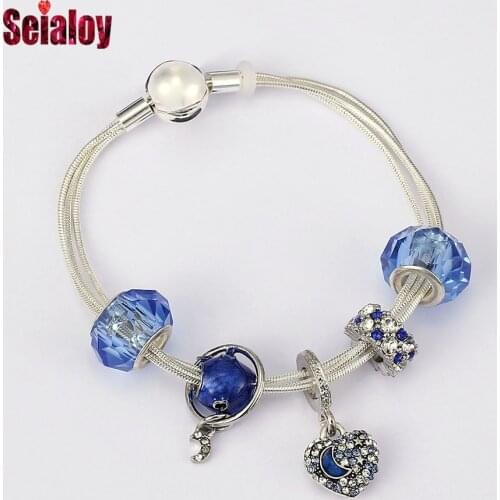 Seialoy New Multi Snake Chain Bracelets For Women Original Blue Moon Heart Charm Star Beads Bracelet & Bangle Jewelry Gift