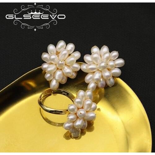 GLSEEVO Natural Fresh Water White Pearl Ring Earrings For Women Handmade Fine Jewelry Sets Boucles D Oreille Femme 2019 GS0014